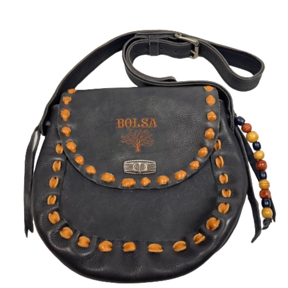 Womens Handcrafted Leather Crossbody Bag Gray Boho Southwestern Artisan Laced